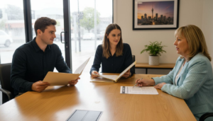 Young Auckland couple discussing mortgage with adviser