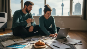 Young couple budgeting in Auckland apartment