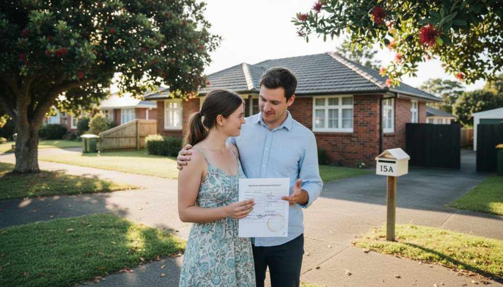 Couple reviewing mortgage checklist in front of NZ home