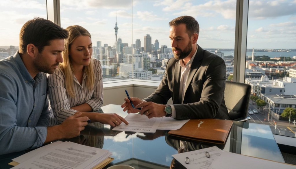 Mortgage broker meeting with clients in Auckland office