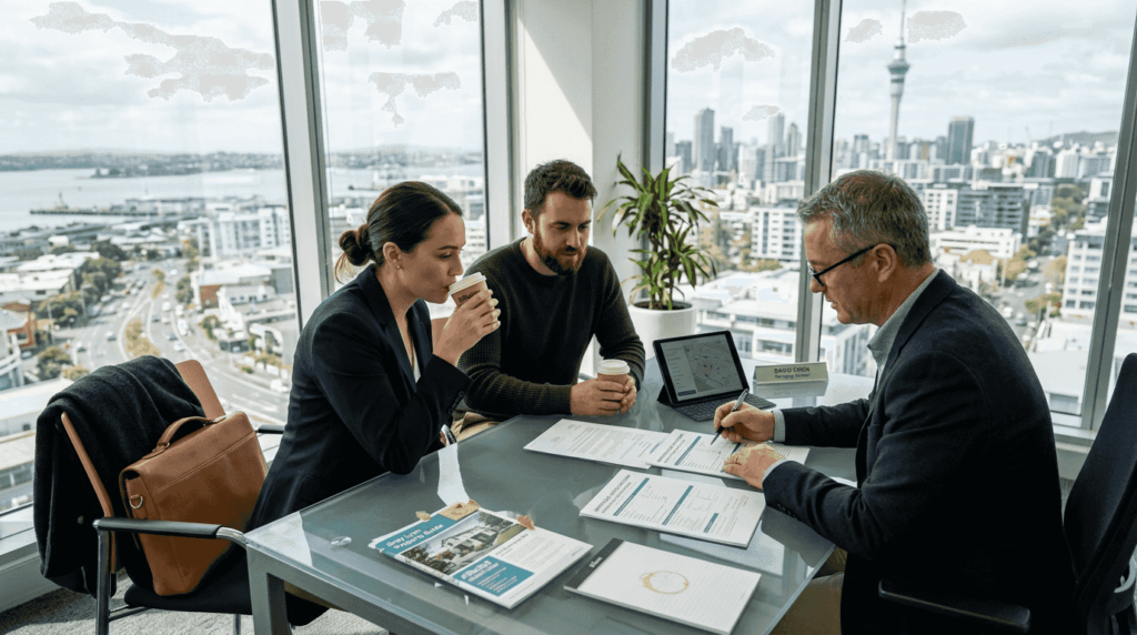 Couple meeting mortgage adviser Auckland office