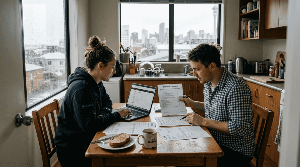 Young couple preparing home loan paperwork kitchen
