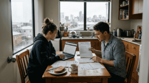 Young couple preparing home loan paperwork kitchen