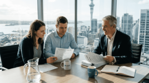 Couple with adviser reviewing home loan papers