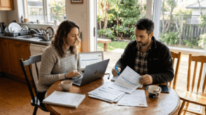 Kiwi couple reviewing mortgage papers at home