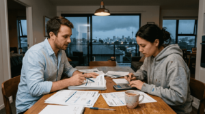 Auckland couple reviewing mortgage documents at home