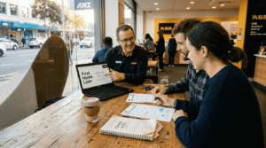Young couple reviews home loan application at bank