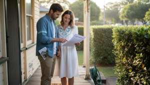 Young couple reviewing mortgage on porch