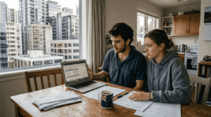 Young couple reviewing mortgage papers in apartment