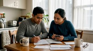 Couple reviewing credit report at kitchen table