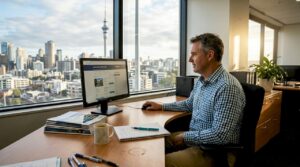 Property investor reviewing listings in Auckland office