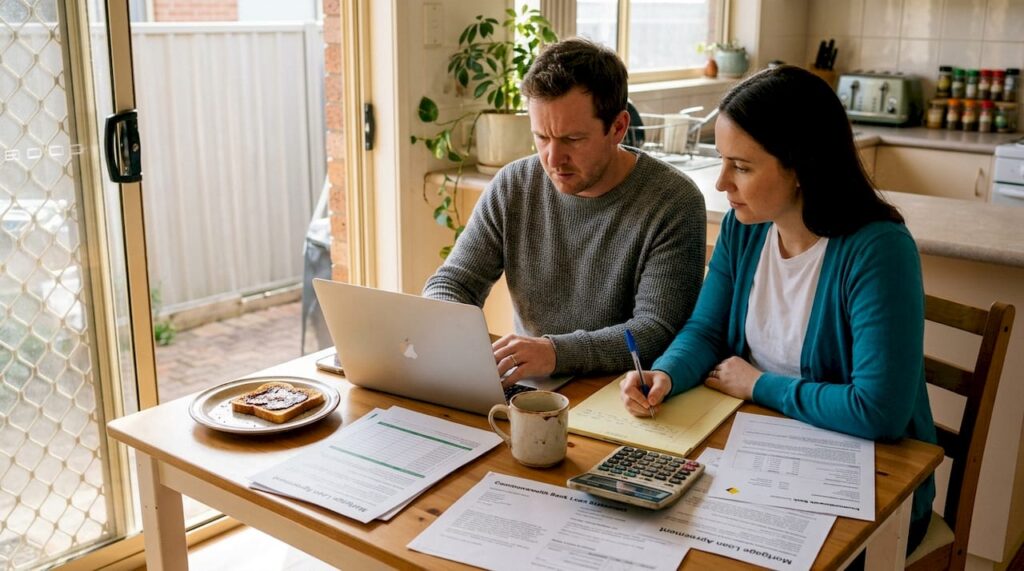 Couple reviewing mortgage documents at home