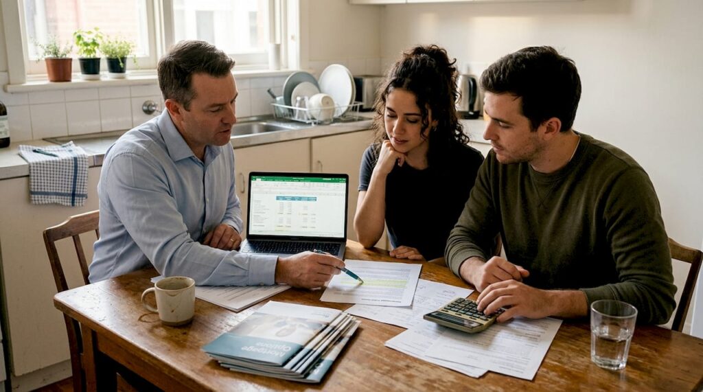 Couple consulting advisor on mortgage paperwork