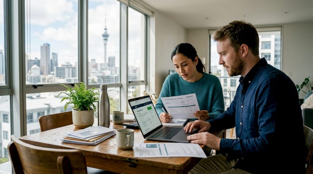 Young couple reviews mortgage documents in Auckland apartment