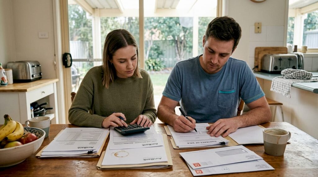 Couple reviewing home loan papers at kitchen table