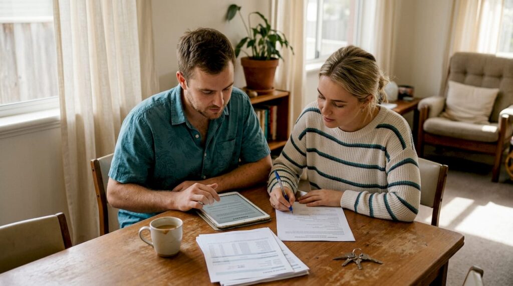 Young couple reviews home loan papers at table