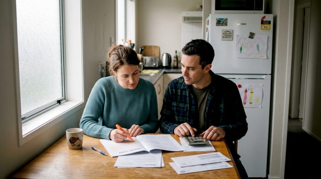 NZ couple reviewing home loan paperwork