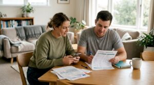 Couple reviewing credit report at dining table