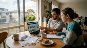 Couple reviewing home listings at Auckland table