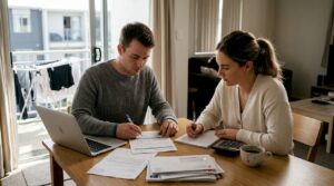 Couple reviewing mortgage application at home