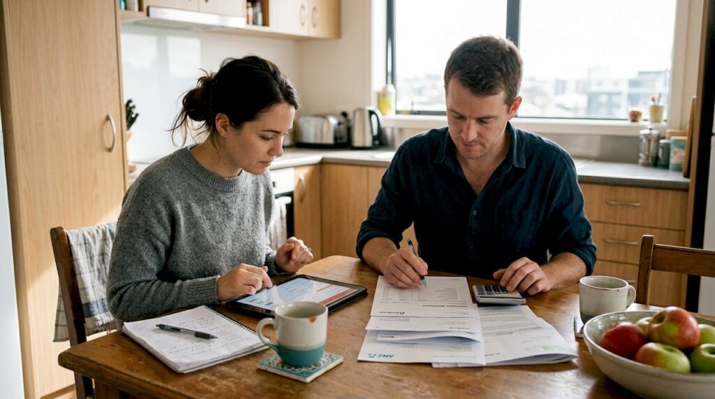 Couple reviewing mortgage options at kitchen table