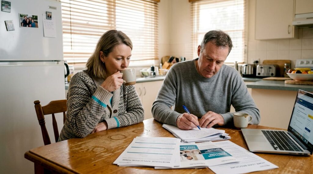 Couple reviewing mortgage documents at kitchen table