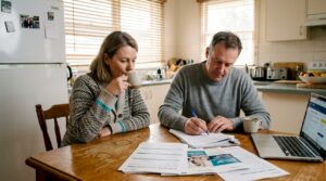 Couple reviewing mortgage documents at kitchen table