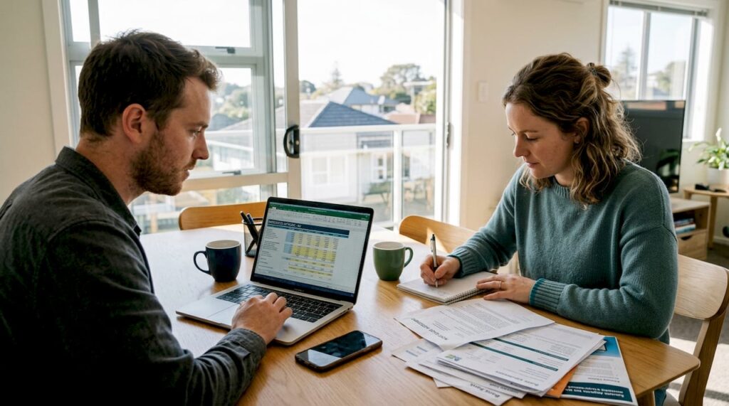 Couple reviewing credit score for mortgage