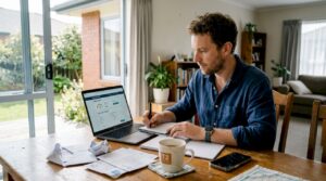 Man checks credit report at dining table
