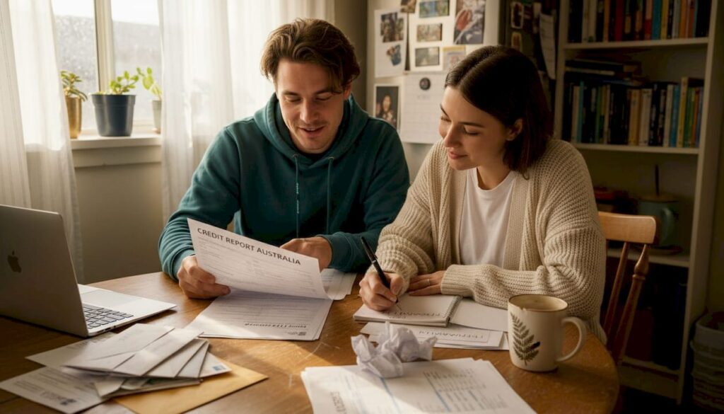 Couple reviewing credit report at kitchen table