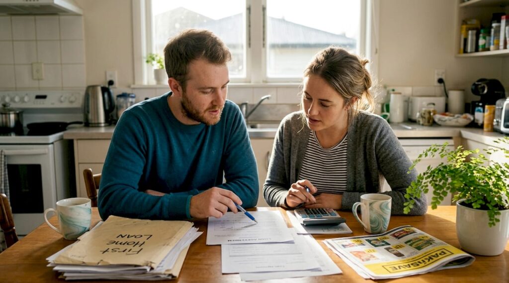 First home buyers reviewing mortgage documents