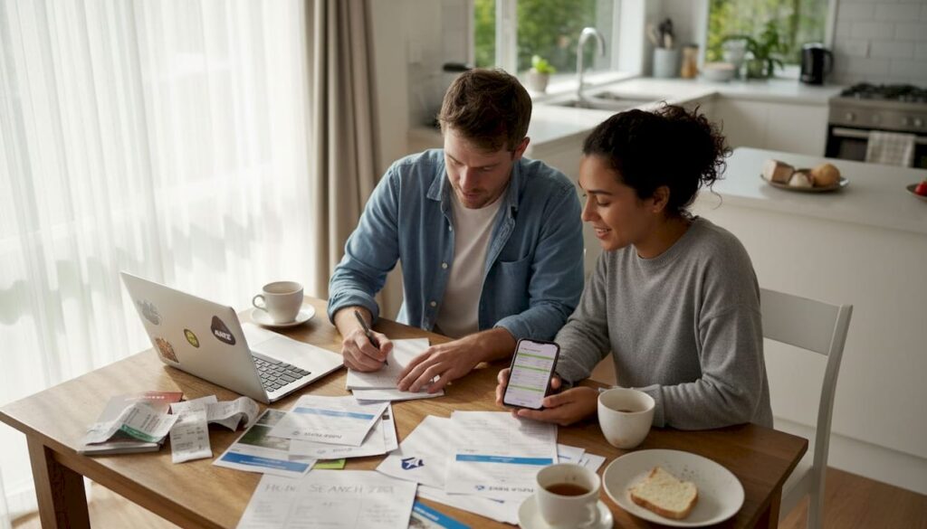 Couple reviewing home loan documents in kitchen
