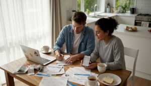 Couple reviewing home loan documents in kitchen