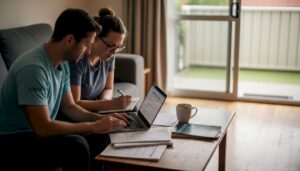 Couple reviewing shared ownership paperwork at home