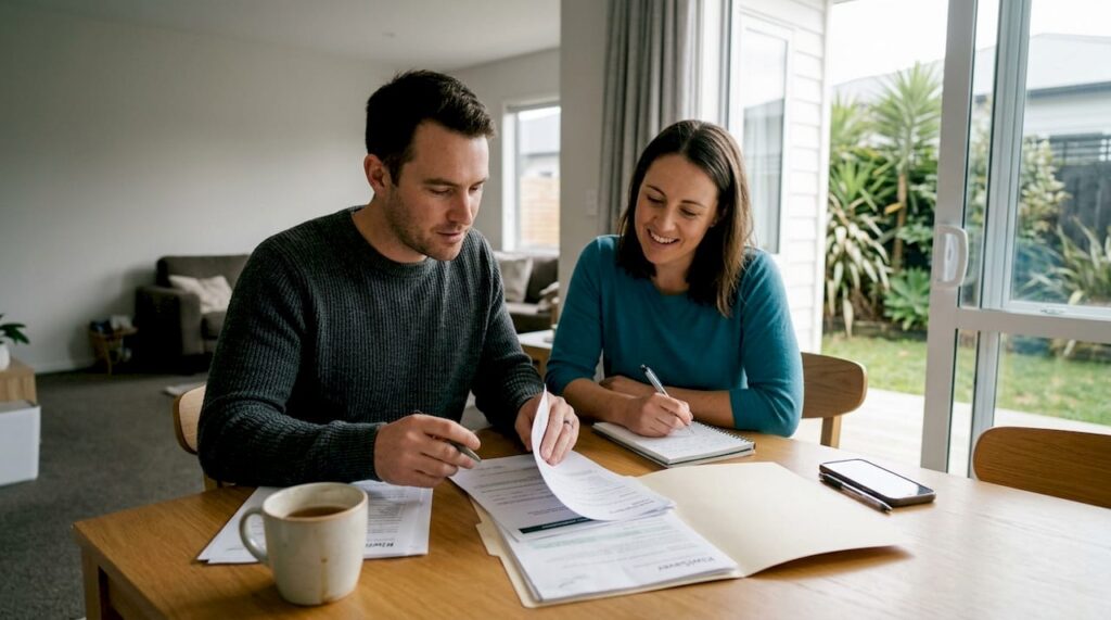 Couple preparing first home paperwork at kitchen table