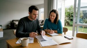 Couple preparing first home paperwork at kitchen table