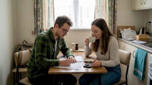 Couple reviewing mortgage options at kitchen table