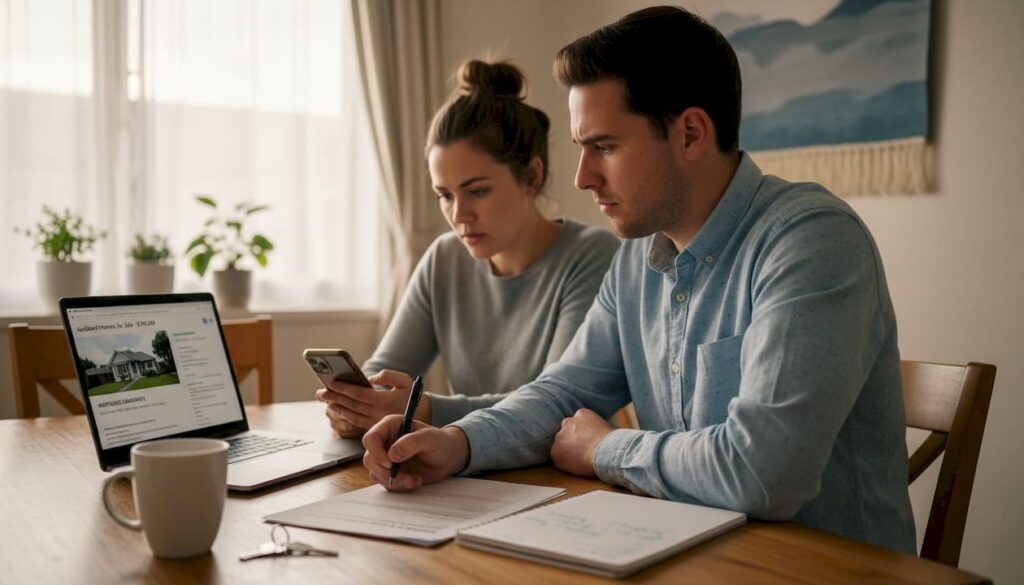 Couple reviewing home offer documents kitchen