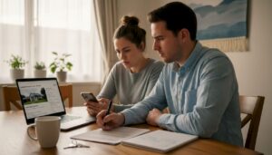 Couple reviewing home offer documents kitchen