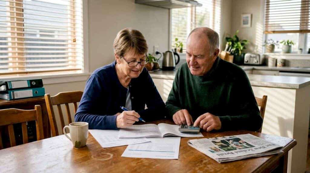 Older couple reviewing finances at kitchen table