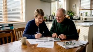 Older couple reviewing finances at kitchen table