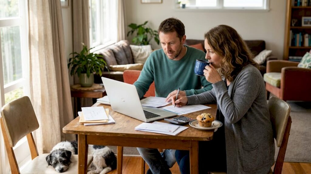 Couple reviewing refinancing options at dining table