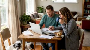Couple reviewing refinancing options at dining table