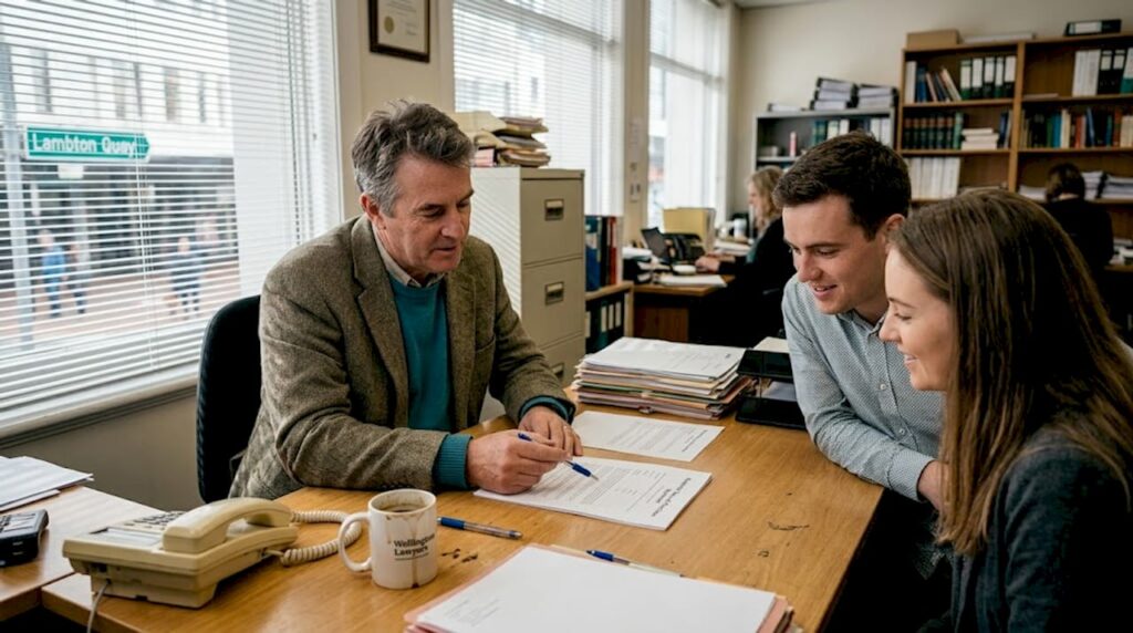 Lawyer and couple reviewing home buying paperwork