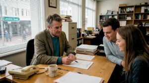 Lawyer and couple reviewing home buying paperwork