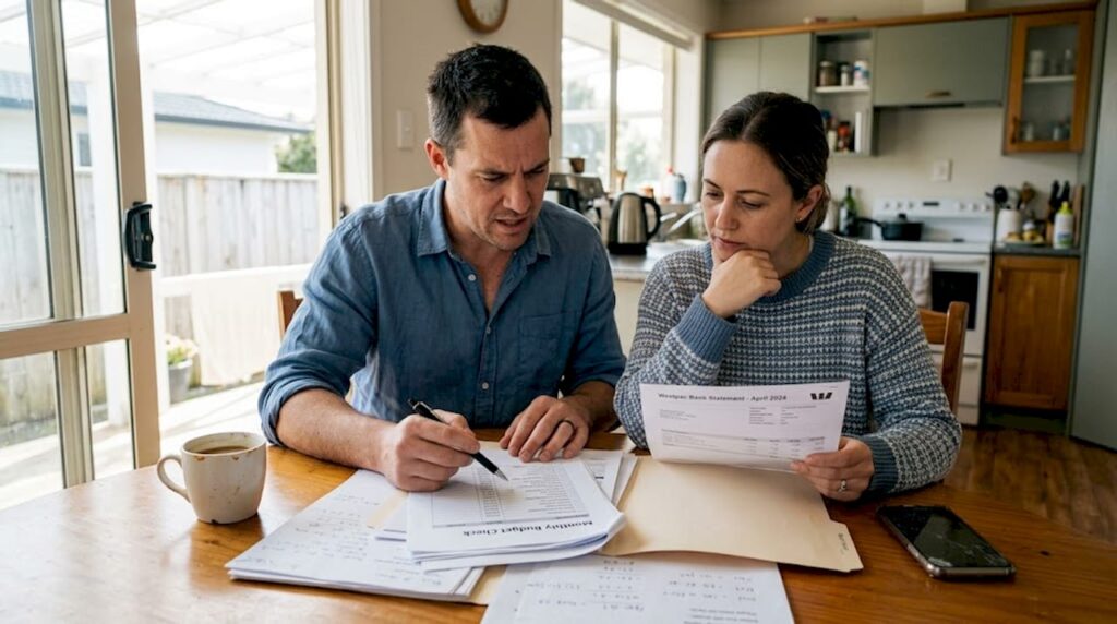 Couple sorting home loan documents in kitchen