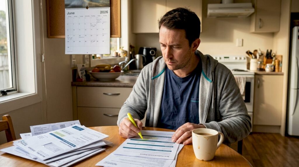 Homeowner checking credit report at kitchen table