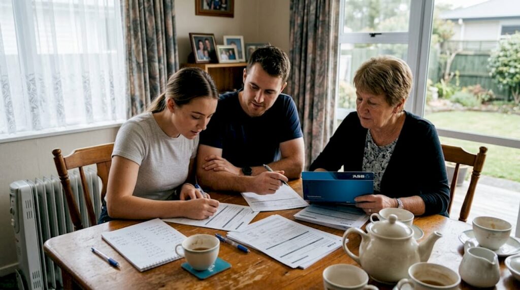 Couple and guarantor reviewing home documents