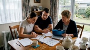 Couple and guarantor reviewing home documents