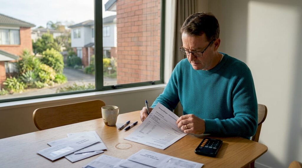 Homeowner reviewing mortgage statement at table